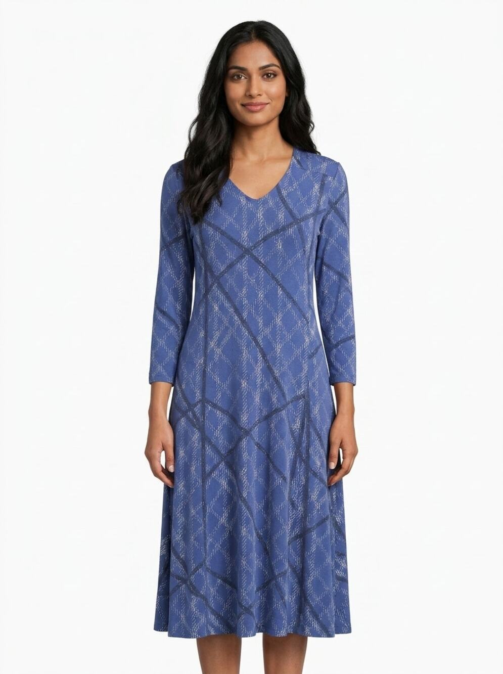 Jones New York Blue Geometric V-Neck Midi Dress Women Size S